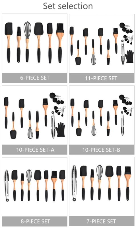 Silicone Wood Cooking Utensils Spatula Brush Scraper Pasta Server Gloves Egg Beater Black Kitchen Cooking Tools Kitchenware