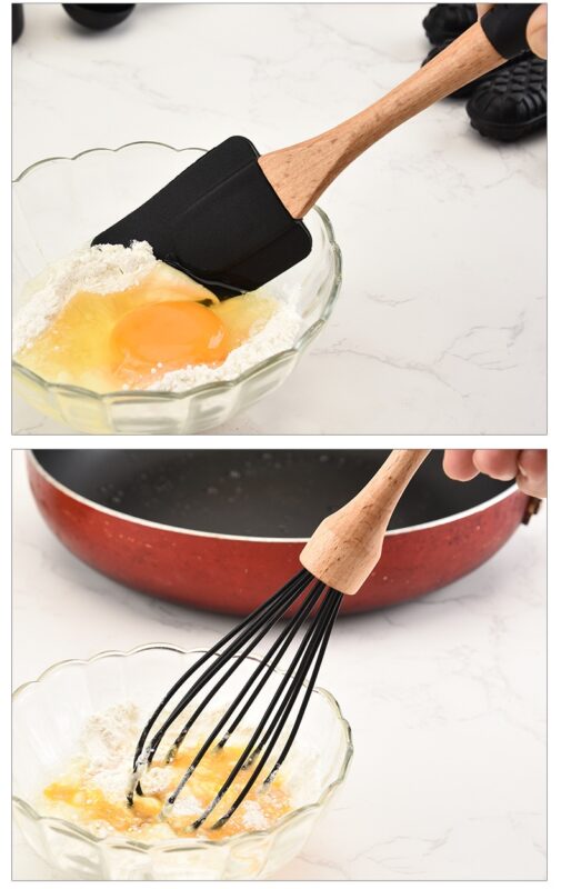 Silicone Wood Cooking Utensils Spatula Brush Scraper Pasta Server Gloves Egg Beater Black Kitchen Cooking Tools Kitchenware