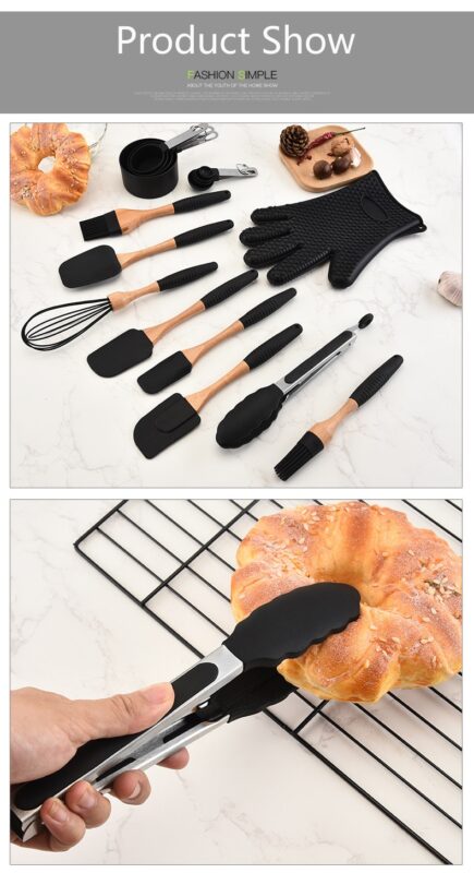 Silicone Wood Cooking Utensils Spatula Brush Scraper Pasta Server Gloves Egg Beater Black Kitchen Cooking Tools Kitchenware