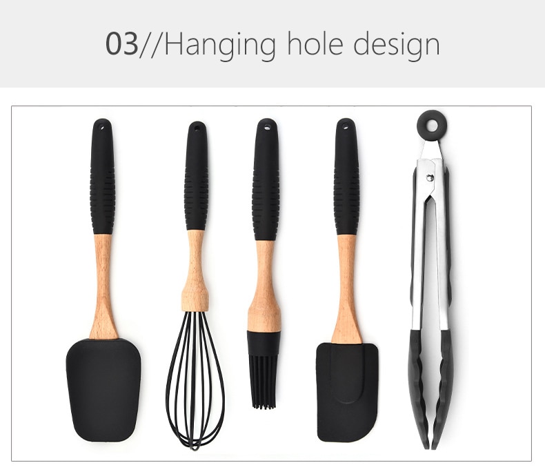 Silicone Wood Cooking Utensils Spatula Brush Scraper Pasta Server Gloves Egg Beater Black Kitchen Cooking Tools Kitchenware
