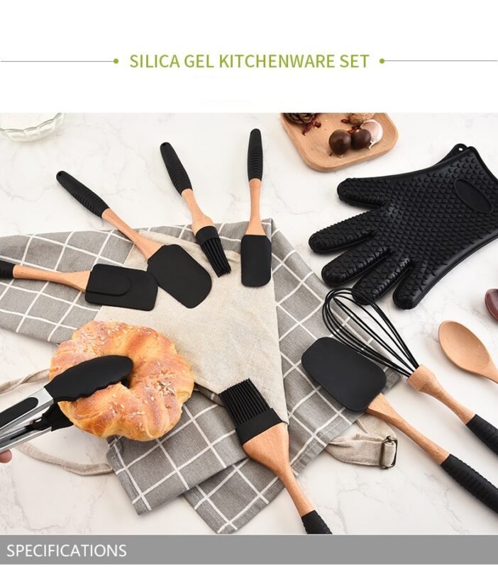 Silicone Wood Cooking Utensils Spatula Brush Scraper Pasta Server Gloves Egg Beater Black Kitchen Cooking Tools Kitchenware