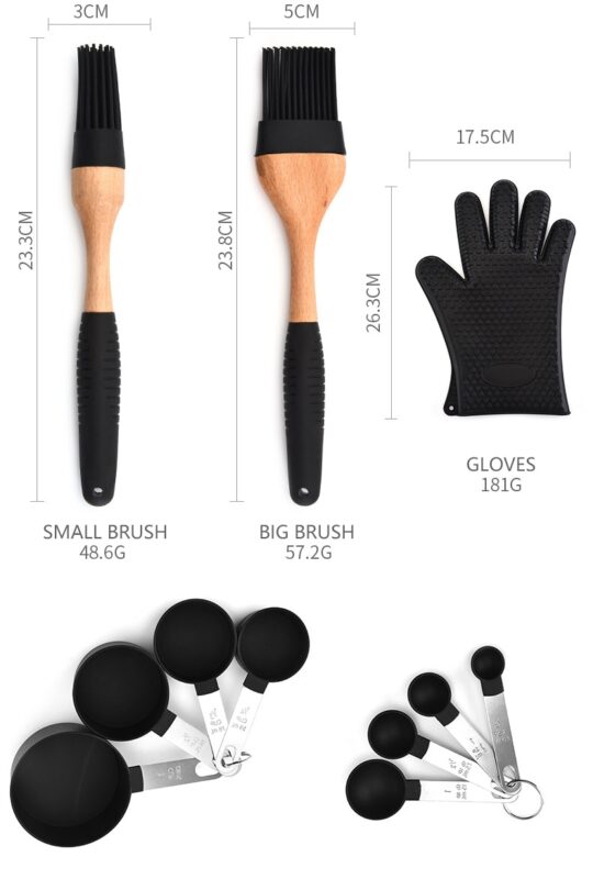 Silicone Wood Cooking Utensils Spatula Brush Scraper Pasta Server Gloves Egg Beater Black Kitchen Cooking Tools Kitchenware