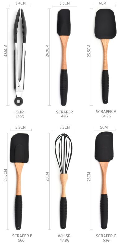 Silicone Wood Cooking Utensils Spatula Brush Scraper Pasta Server Gloves Egg Beater Black Kitchen Cooking Tools Kitchenware