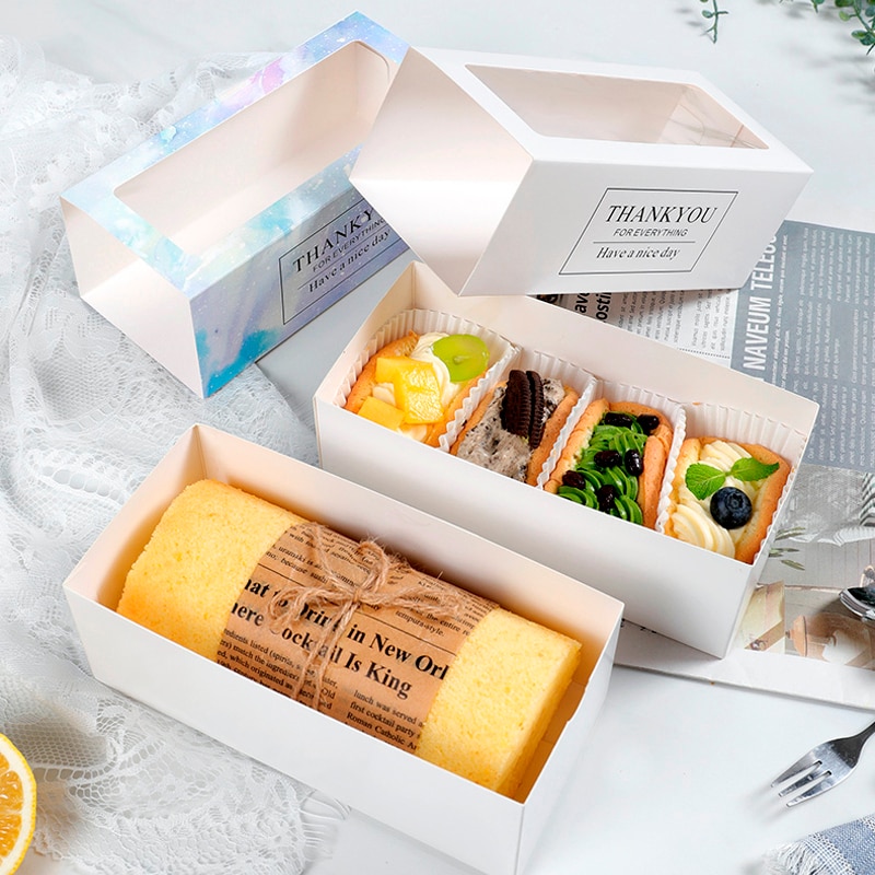 10PCS Omelet Cake Roll Boxes Window Macaron Cupcake Gift Box Wedding Party Candy Cookies Swiss Roll Baking Paper Packaging Box
