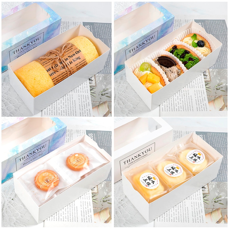 10PCS Omelet Cake Roll Boxes Window Macaron Cupcake Gift Box Wedding Party Candy Cookies Swiss Roll Baking Paper Packaging Box