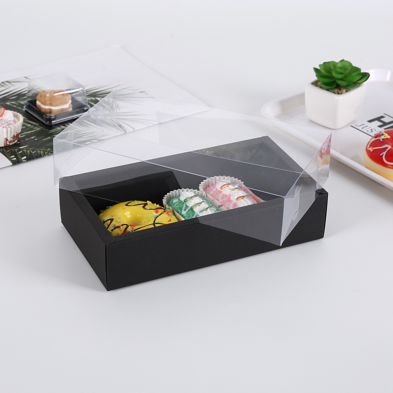 10pcs Cookie Cake Food Paper Box Carton With Transparent Cover Donut Chocolate Birthday Gift Box For Event & Party Favors