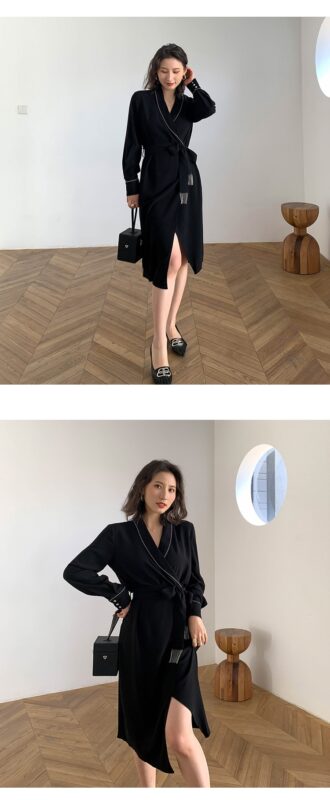 Shiny Vintage Black Sashes Wrap Dress Ladies Long Sleeve Elegant Party Dresses 2020 Spring Autumn Women Clothes Vestidos