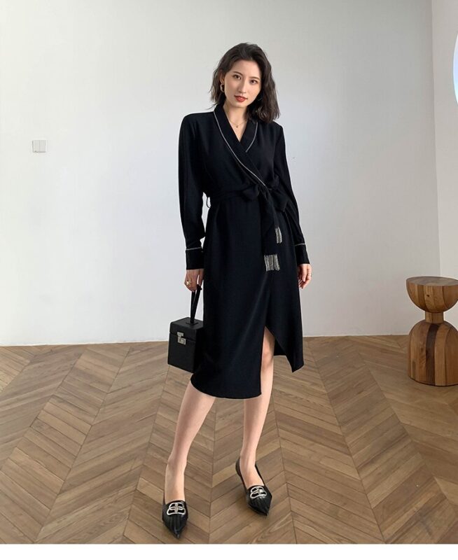 Shiny Vintage Black Sashes Wrap Dress Ladies Long Sleeve Elegant Party Dresses 2020 Spring Autumn Women Clothes Vestidos