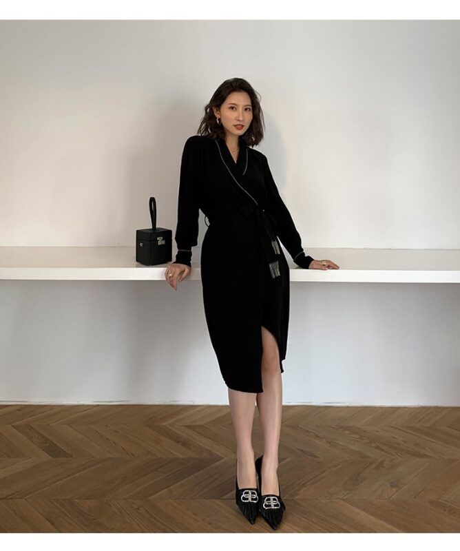 Shiny Vintage Black Sashes Wrap Dress Ladies Long Sleeve Elegant Party Dresses 2020 Spring Autumn Women Clothes Vestidos