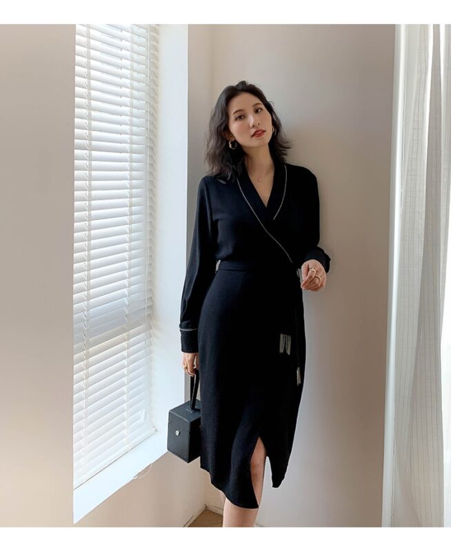 Shiny Vintage Black Sashes Wrap Dress Ladies Long Sleeve Elegant Party Dresses 2020 Spring Autumn Women Clothes Vestidos