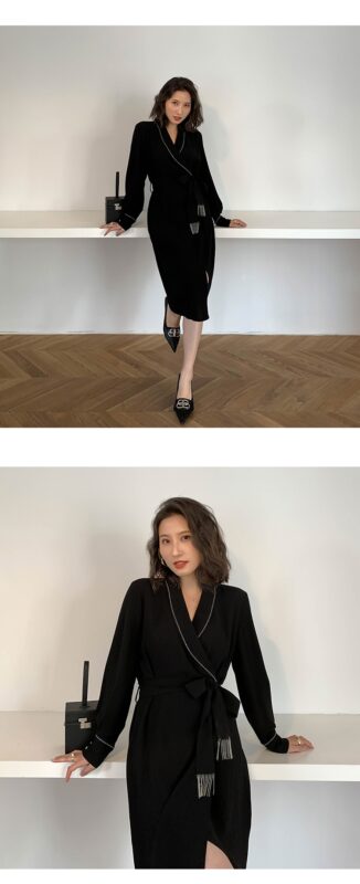Shiny Vintage Black Sashes Wrap Dress Ladies Long Sleeve Elegant Party Dresses 2020 Spring Autumn Women Clothes Vestidos