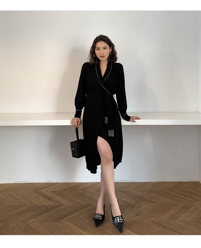 Shiny Vintage Black Sashes Wrap Dress Ladies Long Sleeve Elegant Party Dresses 2020 Spring Autumn Women Clothes Vestidos