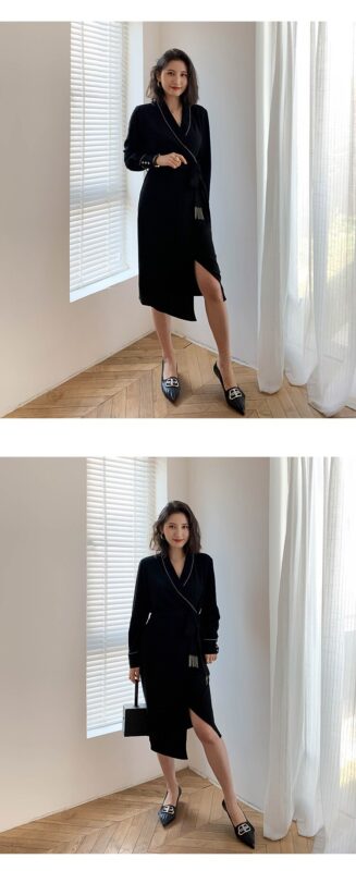 Shiny Vintage Black Sashes Wrap Dress Ladies Long Sleeve Elegant Party Dresses 2020 Spring Autumn Women Clothes Vestidos
