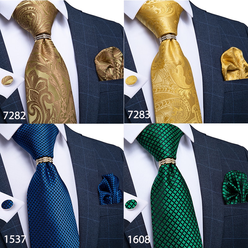 Men Tie Gold Blue Red Teal Paisley Solid Floral Quality Wedding Tie For Men Tie Ring Hanky Cufflink Silk Tie Set