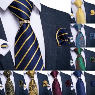 Men Tie Gold Blue Red Teal Paisley Solid Floral Quality Wedding Tie For Men Tie Ring Hanky Cufflink Silk Tie Set