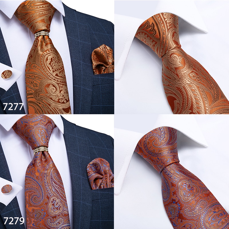 Men Tie Gold Blue Red Teal Paisley Solid Floral Quality Wedding Tie For Men Tie Ring Hanky Cufflink Silk Tie Set
