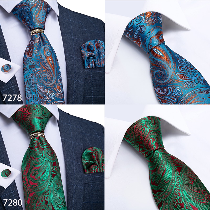 Men Tie Gold Blue Red Teal Paisley Solid Floral Quality Wedding Tie For Men Tie Ring Hanky Cufflink Silk Tie Set