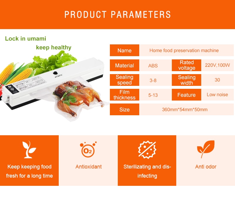 ATWFS Food Vacuum Sealer Storage Packing Sealing Machine Kitchen Vacuum Container Packer Food Saver with 15pcs Vacum Bag