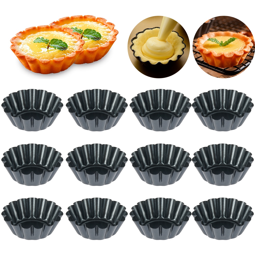 12PCS Non-stick Tart Quiche Flan Pan Mold Pie Pizza Cake Mold Cupcake Egg Tart Tartlet Baking Mold Muffin Cup Pizza Pan Bakeware