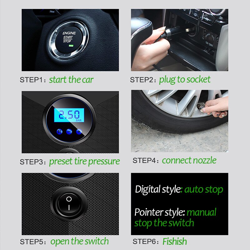 Portable Car Tyre Inflator LED Digital Lighting Tire Inflatable Pump DC 12V Air Compressor fo Cars Wheel Bicycle Tires