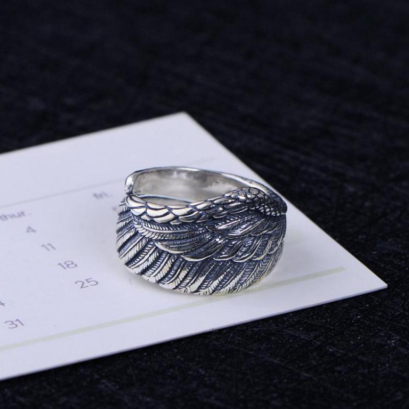 Sterling Silver Biker Rings For Men And Women Vintage Thai Silver Feather Rings Resizable Punk Jewelry