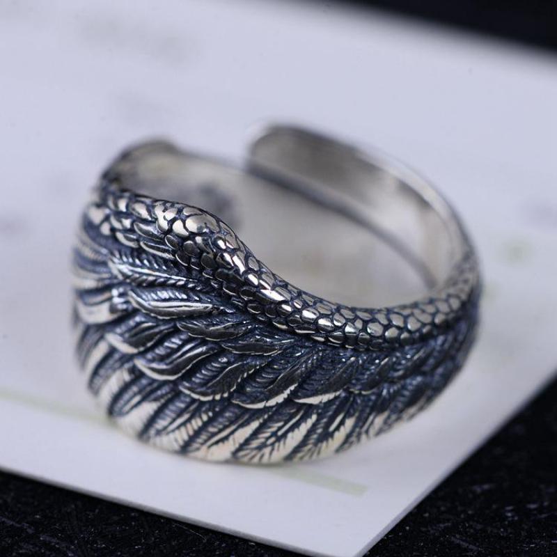 Sterling Silver Biker Rings For Men And Women Vintage Thai Silver Feather Rings Resizable Punk Jewelry