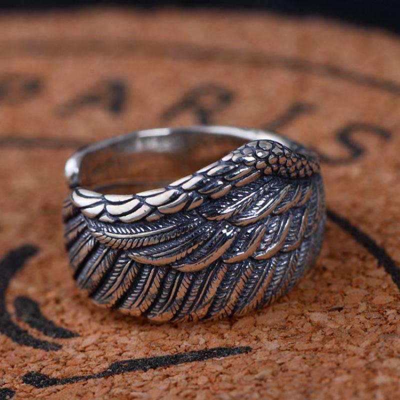 Sterling Silver Biker Rings For Men And Women Vintage Thai Silver Feather Rings Resizable Punk Jewelry