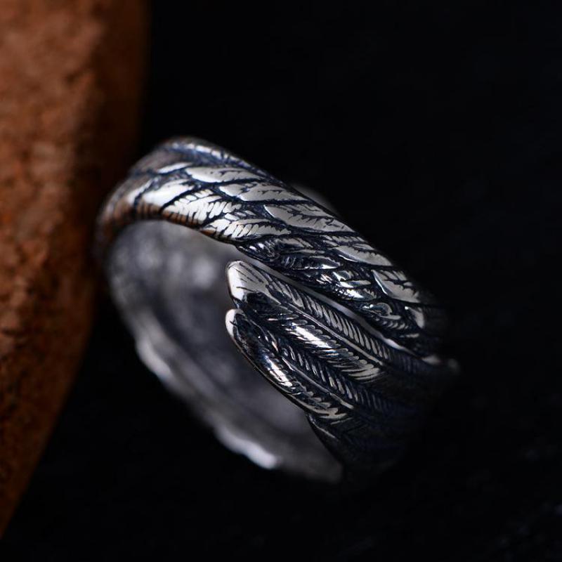 Sterling Silver Biker Rings For Men And Women Vintage Thai Silver Feather Rings Resizable Punk Jewelry