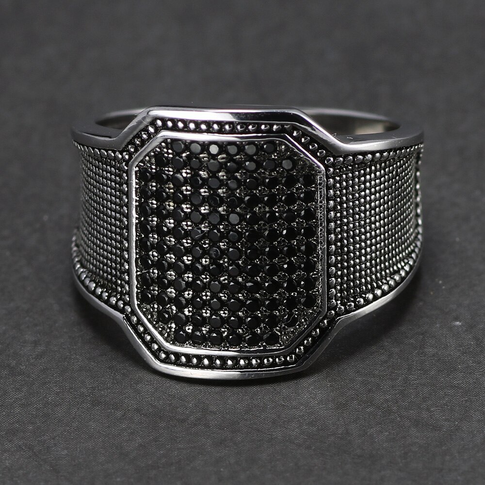 Silver Rings Cool Retro Vintage Turkish Ring Wedding Jewelry For Men Black Zircon Stone Curved Design Comfortable Fits