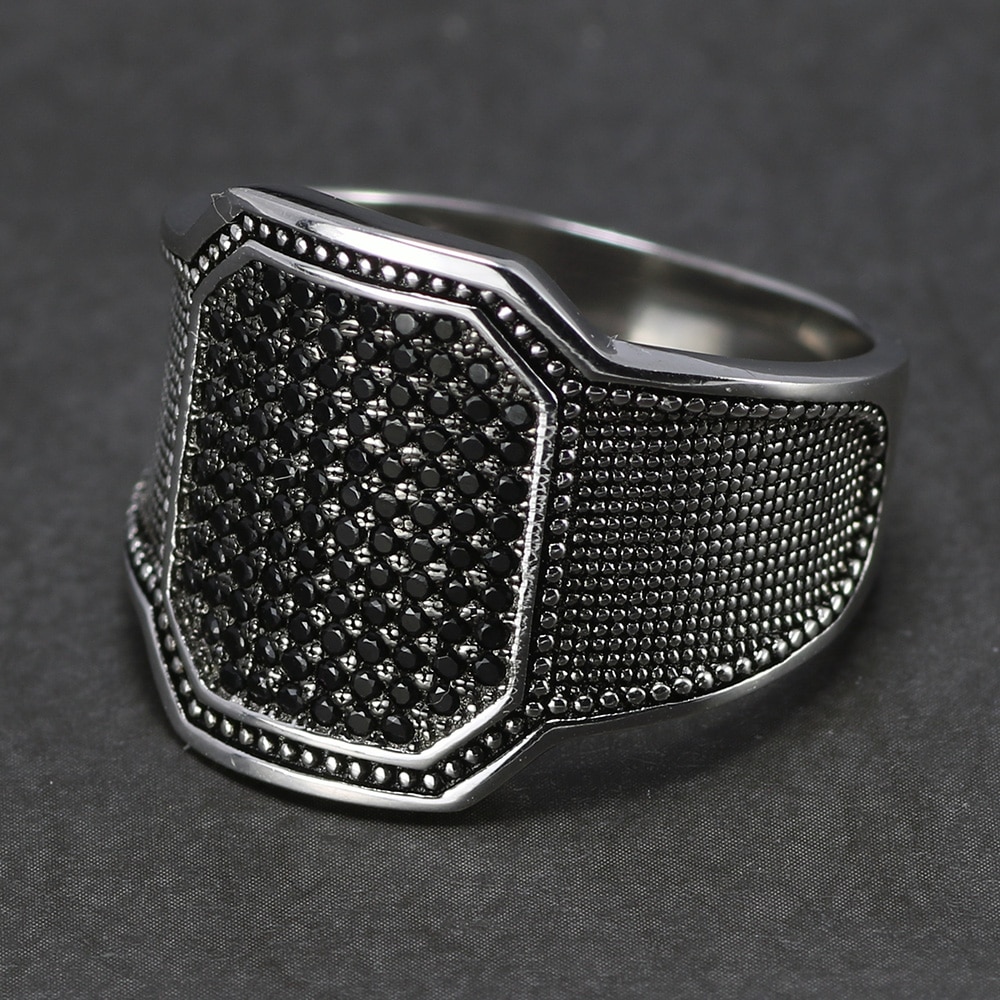 Silver Rings Cool Retro Vintage Turkish Ring Wedding Jewelry For Men Black Zircon Stone Curved Design Comfortable Fits