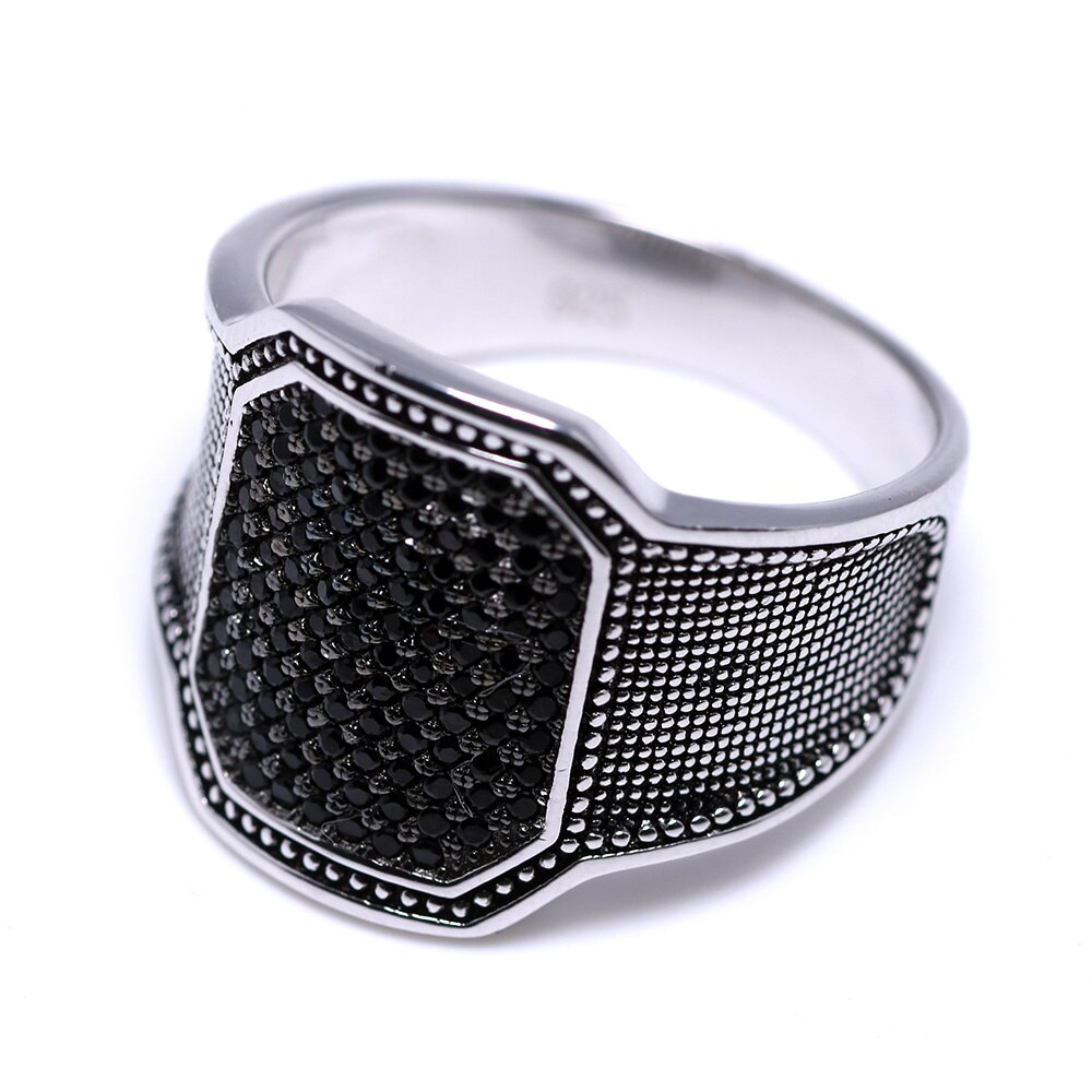 Silver Rings Cool Retro Vintage Turkish Ring Wedding Jewelry For Men Black Zircon Stone Curved Design Comfortable Fits
