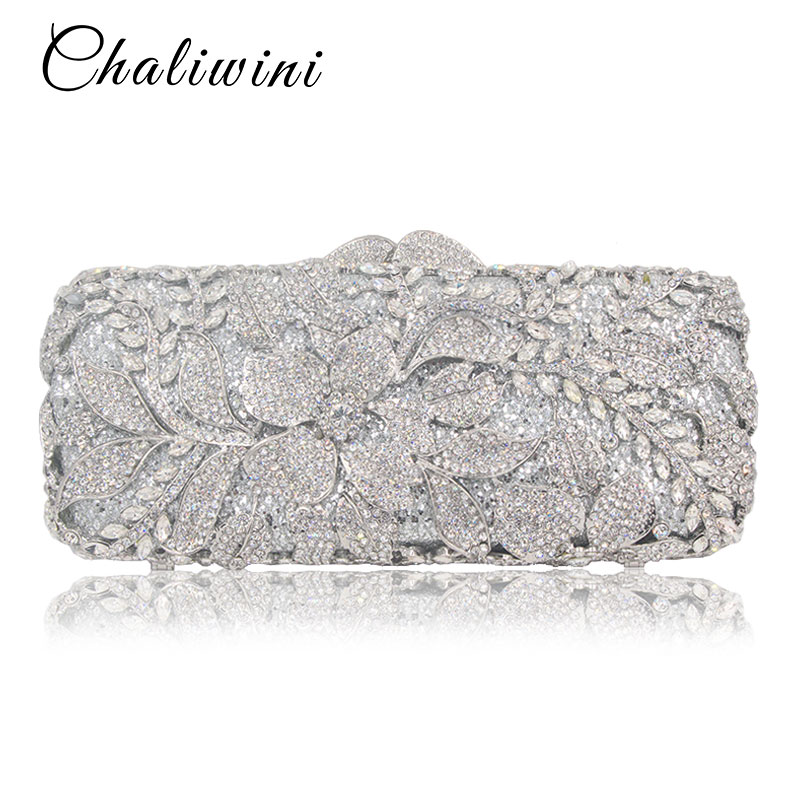 Chaliwini Luxury bags Women Purse Designer Crystal Flower Metallic Clutches Female Chains Shoulder Bags Evening Handbags