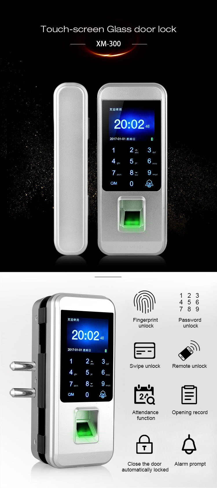 Framless Single/Double Biometric Glass Door Lock Remote Control Office RFID Card Digital Password Fingerprint Smart Door Lock