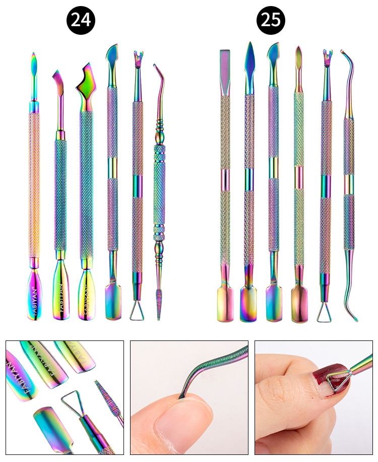 Multi-Type Rainbow Stainless Steel Nail Art Tools Cuticle Pusher Dead Skin Fork Gel Remover Nipper Tweezer Pedicure Manicure Set
