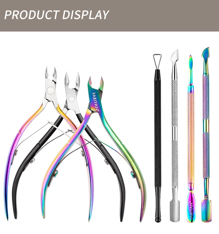 Multi-Type Rainbow Stainless Steel Nail Art Tools Cuticle Pusher Dead Skin Fork Gel Remover Nipper Tweezer Pedicure Manicure Set