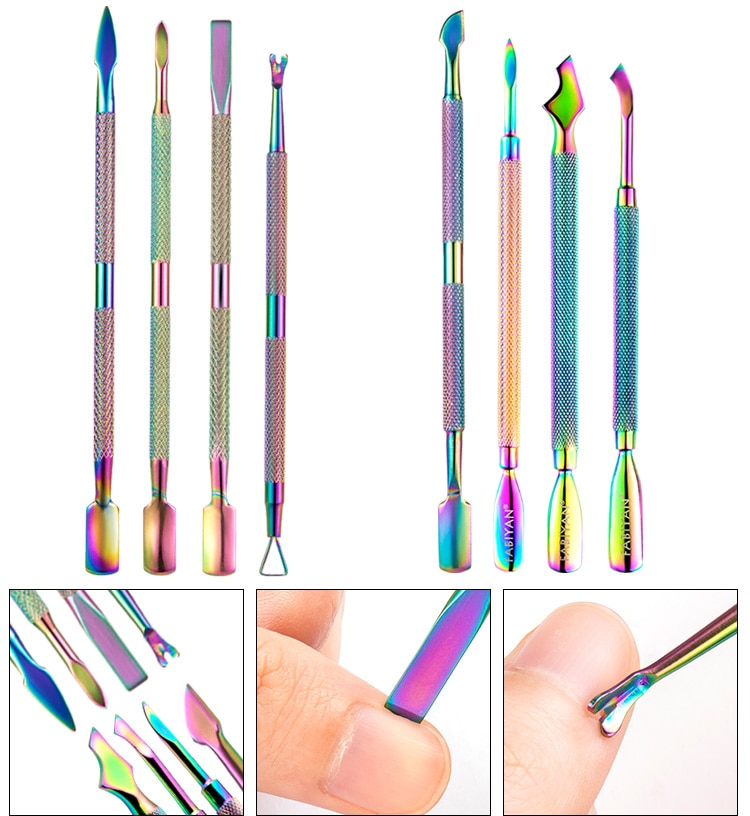 Multi-Type Rainbow Stainless Steel Nail Art Tools Cuticle Pusher Dead Skin Fork Gel Remover Nipper Tweezer Pedicure Manicure Set