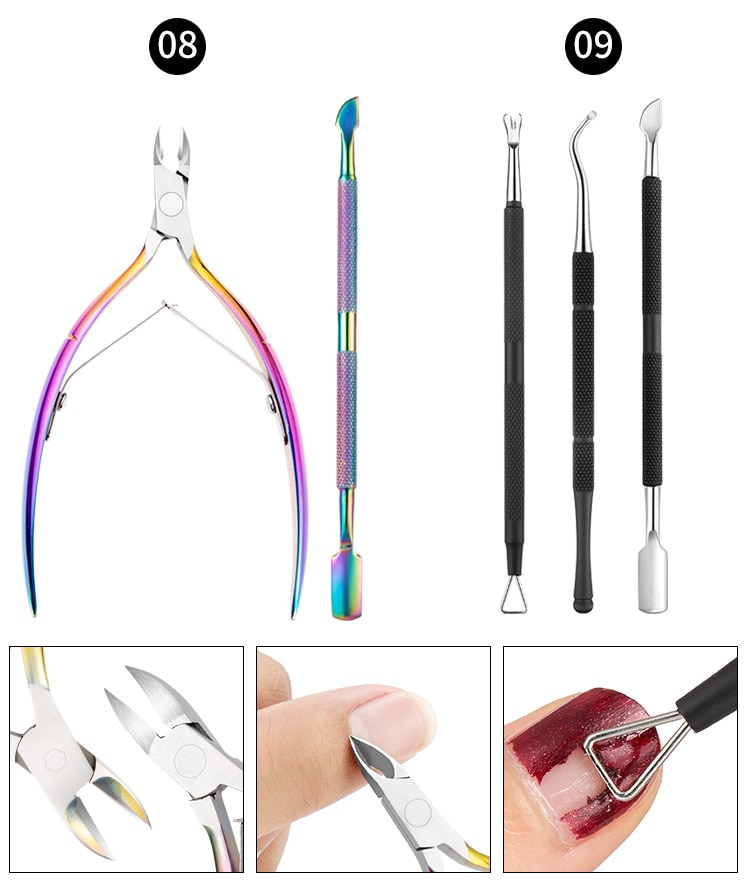 Multi-Type Rainbow Stainless Steel Nail Art Tools Cuticle Pusher Dead Skin Fork Gel Remover Nipper Tweezer Pedicure Manicure Set