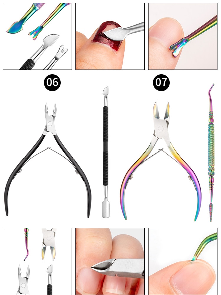 Multi-Type Rainbow Stainless Steel Nail Art Tools Cuticle Pusher Dead Skin Fork Gel Remover Nipper Tweezer Pedicure Manicure Set