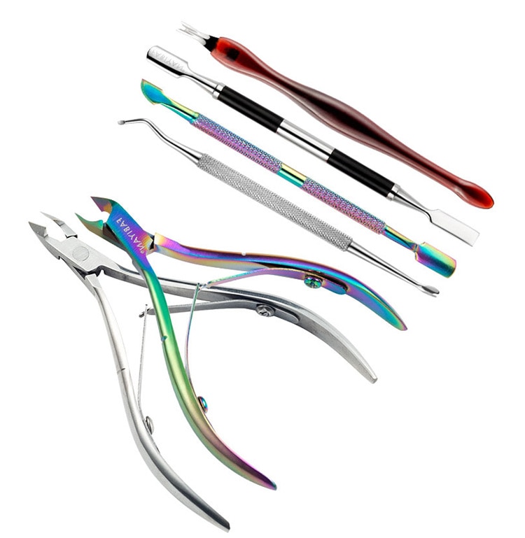 Multi-Type Rainbow Stainless Steel Nail Art Tools Cuticle Pusher Dead Skin Fork Gel Remover Nipper Tweezer Pedicure Manicure Set