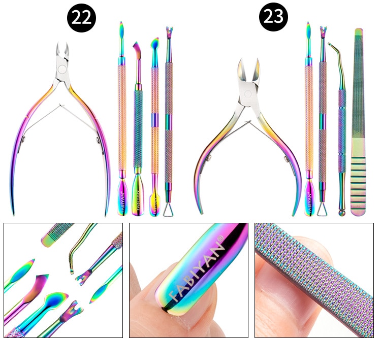 Multi-Type Rainbow Stainless Steel Nail Art Tools Cuticle Pusher Dead Skin Fork Gel Remover Nipper Tweezer Pedicure Manicure Set