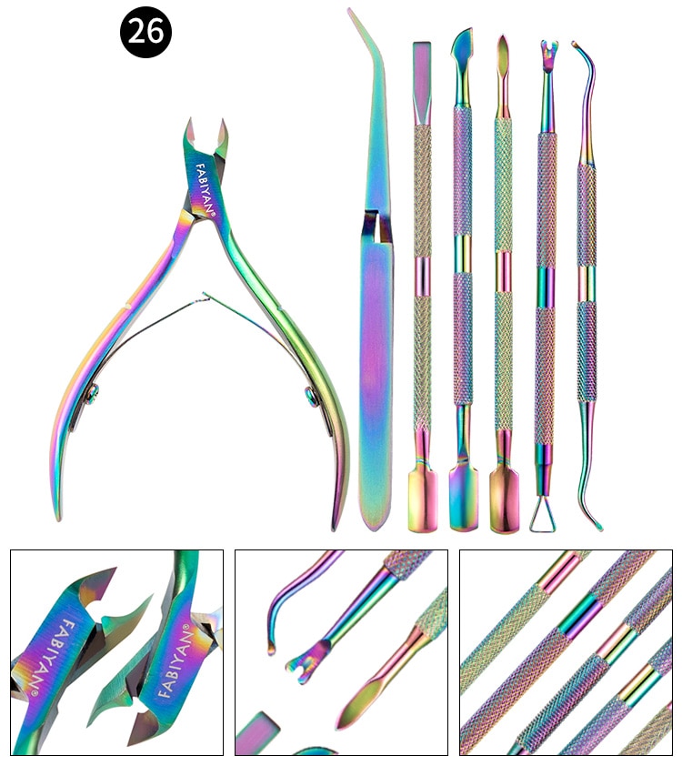 Multi-Type Rainbow Stainless Steel Nail Art Tools Cuticle Pusher Dead Skin Fork Gel Remover Nipper Tweezer Pedicure Manicure Set