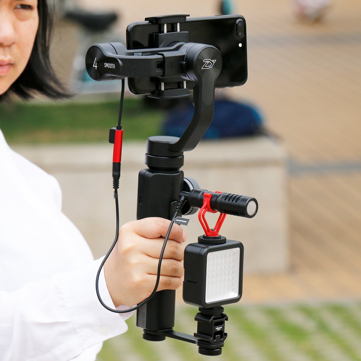 Triple Cold Shoe Mount Microphone Led Video Light Set for DJI OSMO Mobile 2 Zhiyun Smooth 4/Feiyu Vimble 2 Gimbal Stabilizer