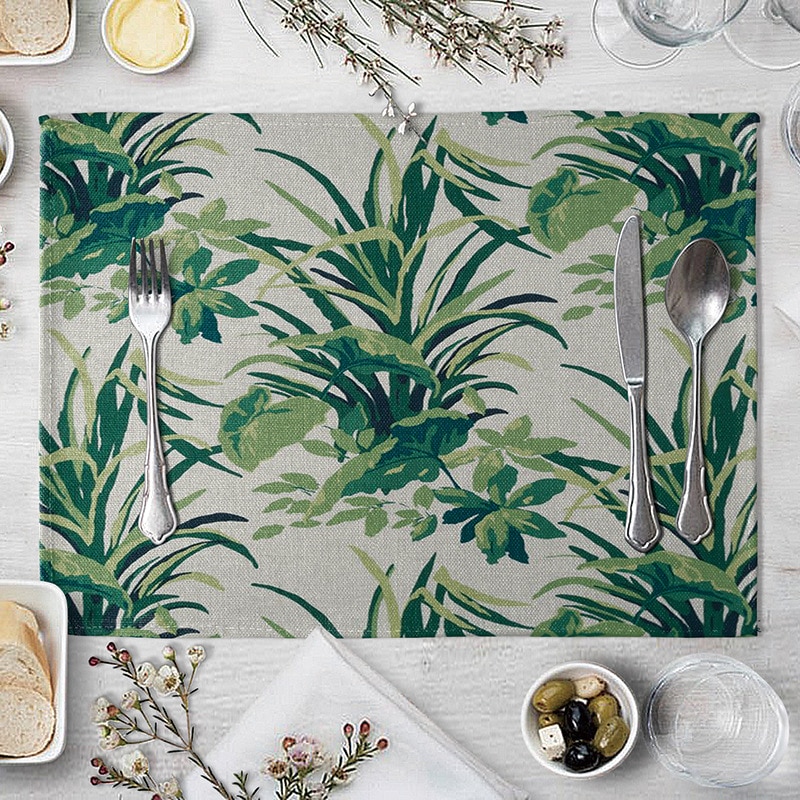 Placemat Table Mat Hand Painted Green Leaves Printed For Tables Heat-insulation Linen Kitchen Dining Pads Placemat Table Mat Hand Painted Green Leaves Printed For Tables Heat-insulation Linen Kitchen Dining Pads