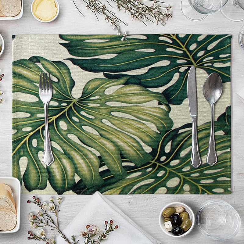Placemat Table Mat Hand Painted Green Leaves Printed For Tables Heat-insulation Linen Kitchen Dining Pads Placemat Table Mat Hand Painted Green Leaves Printed For Tables Heat-insulation Linen Kitchen Dining Pads