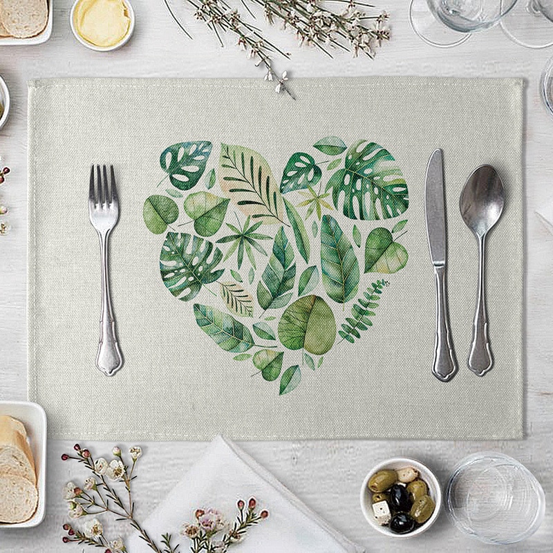 Placemat Table Mat Hand Painted Green Leaves Printed For Tables Heat-insulation Linen Kitchen Dining Pads Placemat Table Mat Hand Painted Green Leaves Printed For Tables Heat-insulation Linen Kitchen Dining Pads