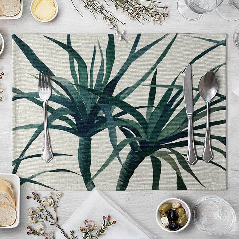 Placemat Table Mat Hand Painted Green Leaves Printed For Tables Heat-insulation Linen Kitchen Dining Pads Placemat Table Mat Hand Painted Green Leaves Printed For Tables Heat-insulation Linen Kitchen Dining Pads