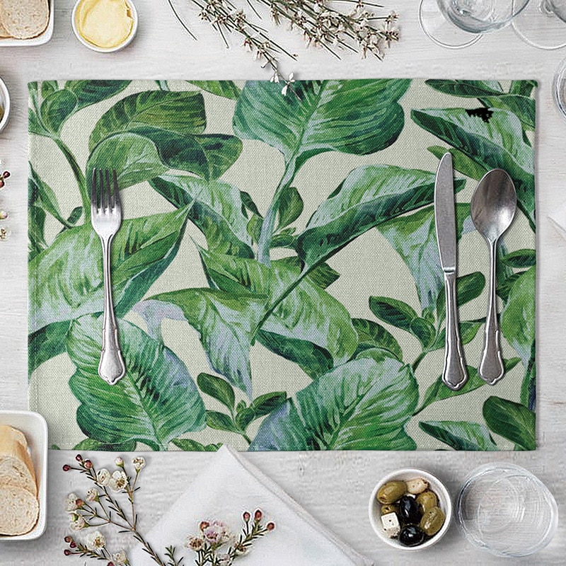 Placemat Table Mat Hand Painted Green Leaves Printed For Tables Heat-insulation Linen Kitchen Dining Pads Placemat Table Mat Hand Painted Green Leaves Printed For Tables Heat-insulation Linen Kitchen Dining Pads