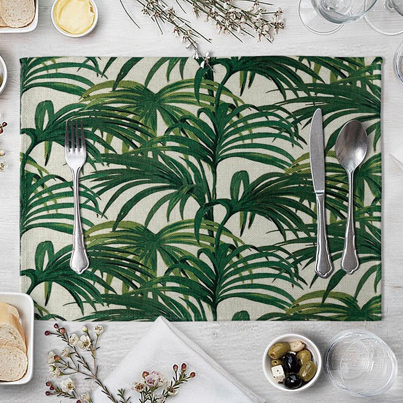 Placemat Table Mat Hand Painted Green Leaves Printed For Tables Heat-insulation Linen Kitchen Dining Pads Placemat Table Mat Hand Painted Green Leaves Printed For Tables Heat-insulation Linen Kitchen Dining Pads