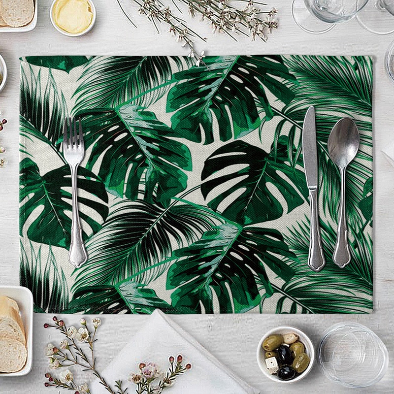 Placemat Table Mat Hand Painted Green Leaves Printed For Tables Heat-insulation Linen Kitchen Dining Pads Placemat Table Mat Hand Painted Green Leaves Printed For Tables Heat-insulation Linen Kitchen Dining Pads