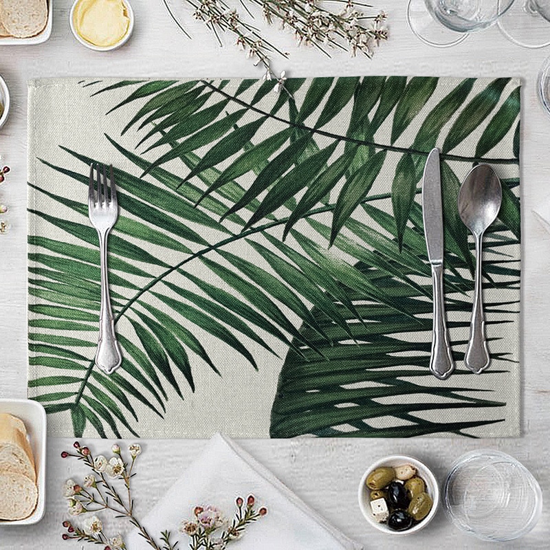 Placemat Table Mat Hand Painted Green Leaves Printed For Tables Heat-insulation Linen Kitchen Dining Pads Placemat Table Mat Hand Painted Green Leaves Printed For Tables Heat-insulation Linen Kitchen Dining Pads